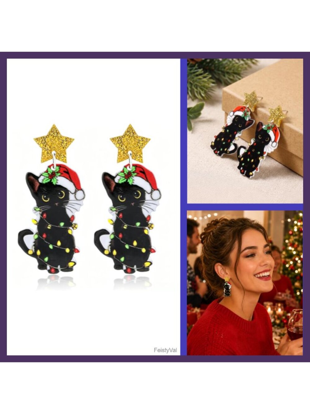 Acrylic Christmas Cat Dangle Earrings Lightweight Holiday Jewelry Gift